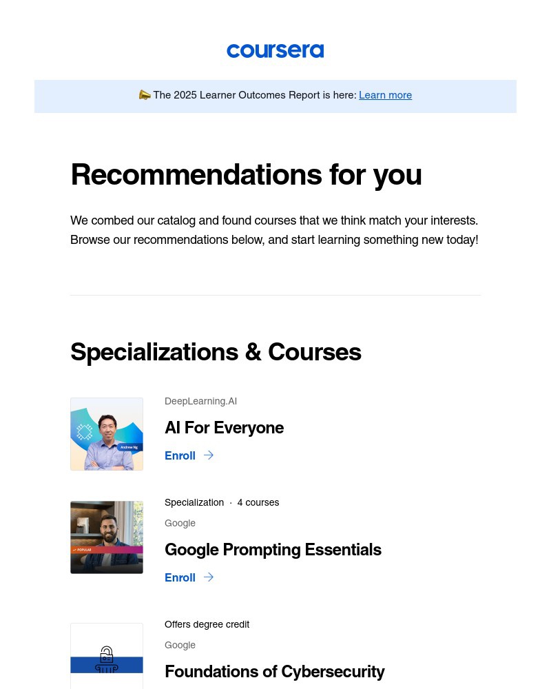 Screenshot of email sent to a Coursera Registered user