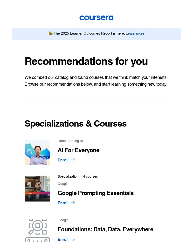 Screenshot of email sent to a Coursera Registered user