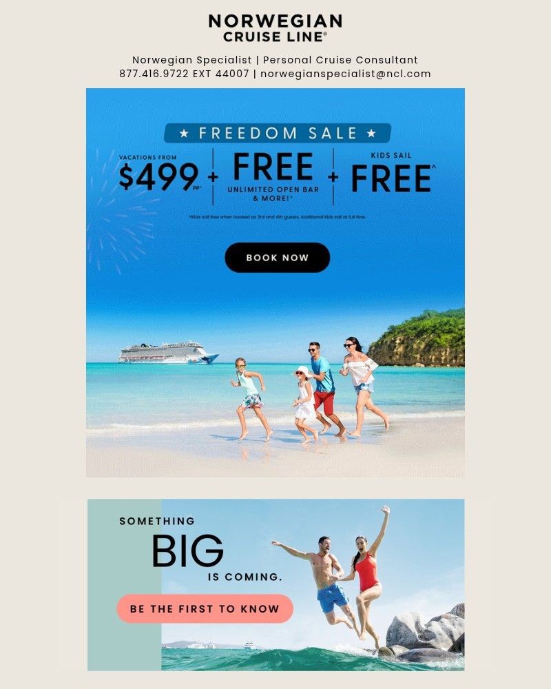 Screenshot of email sent to a Norwegian Cruise Line Newsletter subscriber