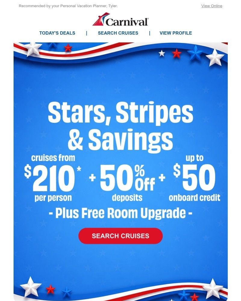 Screenshot of email sent to a Carnival Cruise Line Registered user