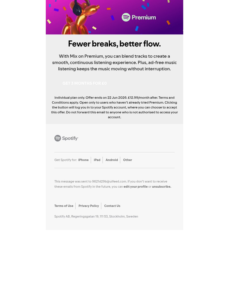 Screenshot of email sent to a Spotify Registered user