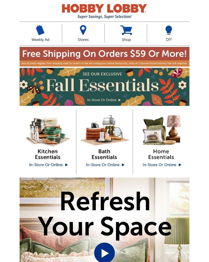 Screenshot of email sent to a Hobby Lobby Newsletter subscriber