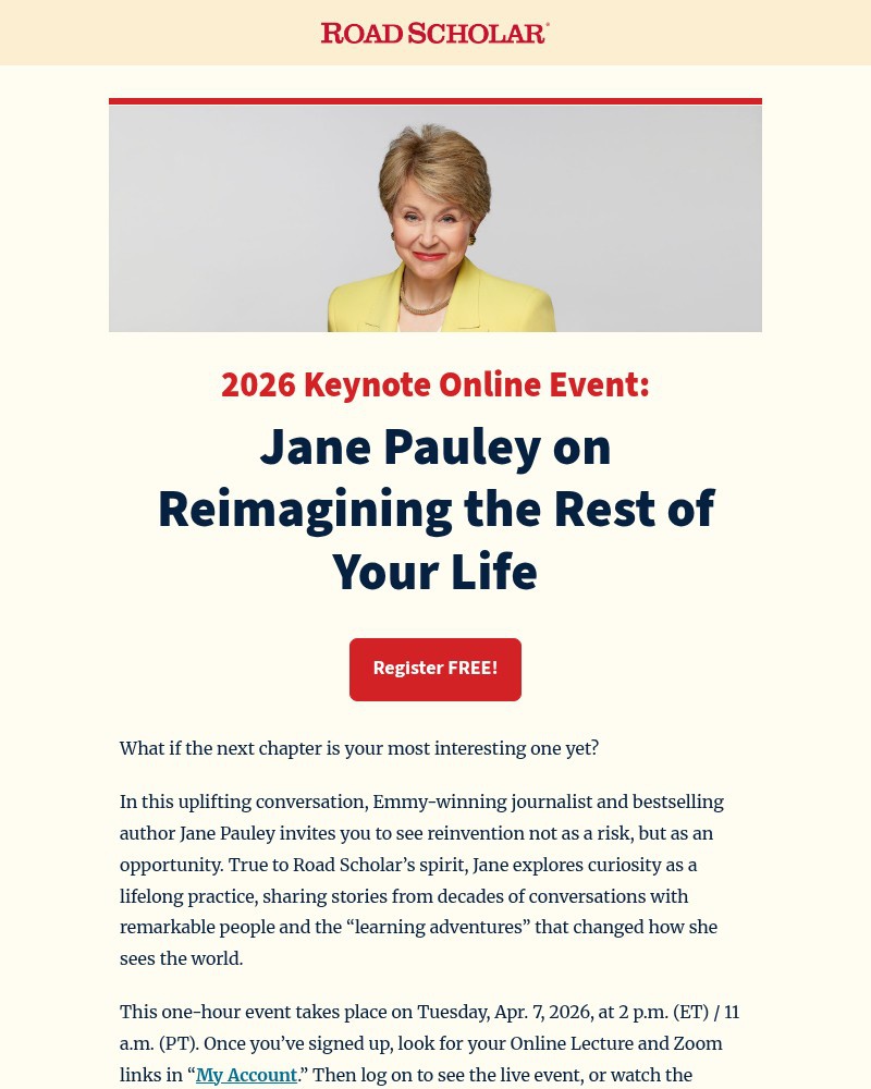 Screenshot of email sent to a Road Scholar Newsletter subscriber