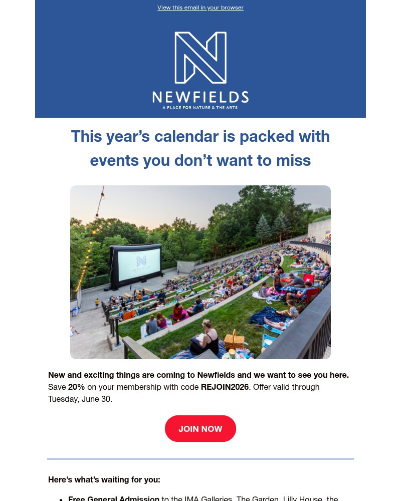 Screenshot of email sent to a Newfields Newsletter subscriber