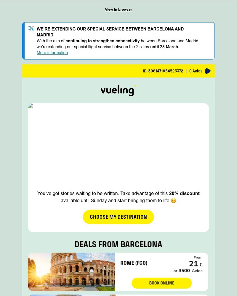 Screenshot of email sent to a Vueling Registered user
