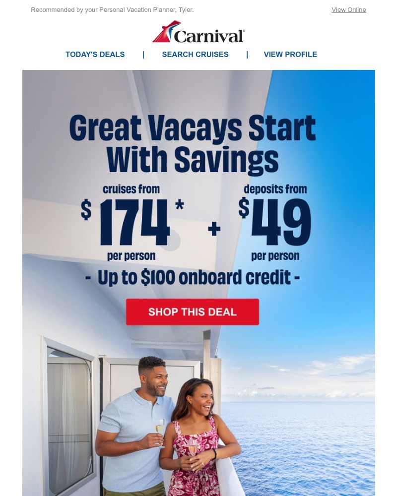 Screenshot of email sent to a Carnival Cruise Line Registered user