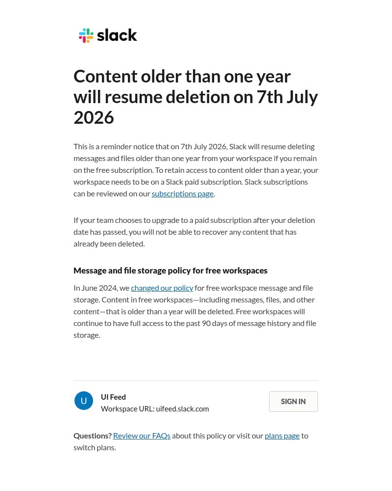 Screenshot of email sent to a Slack Trial user