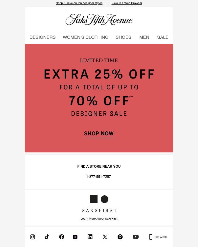 Screenshot of email sent to a Saks Fifth Avenue Newsletter subscriber
