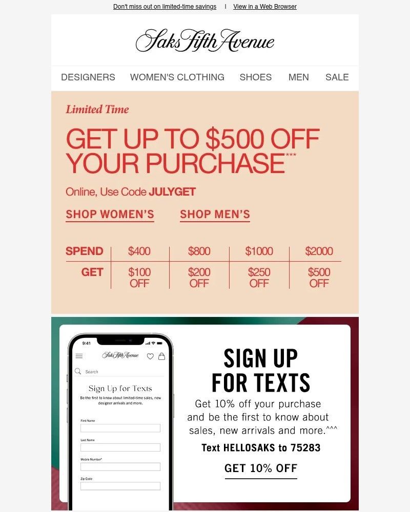 Screenshot of email sent to a Saks Fifth Avenue Newsletter subscriber