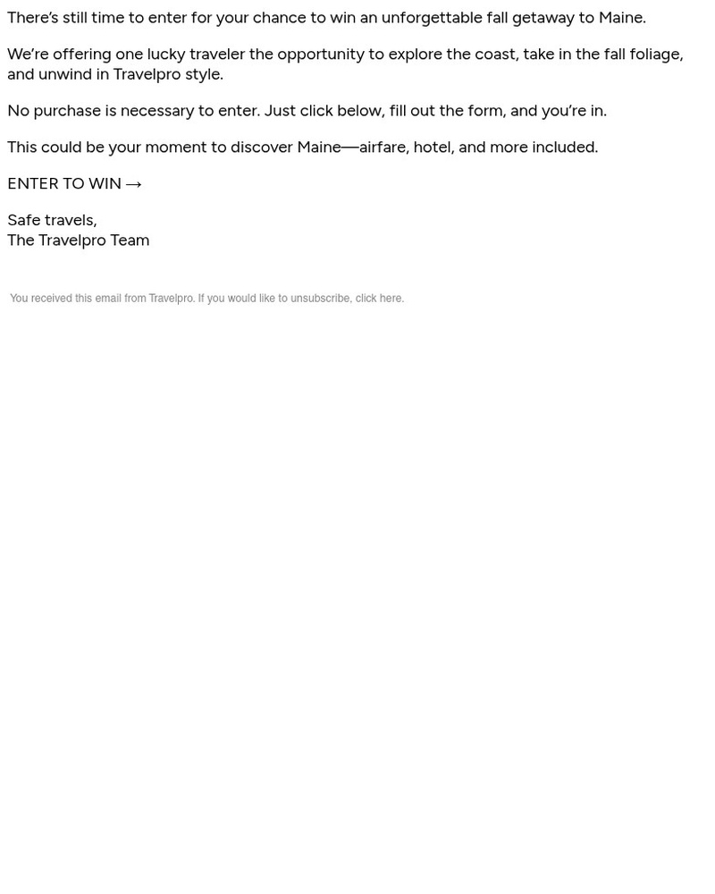Screenshot of email sent to a Travelpro Newsletter subscriber