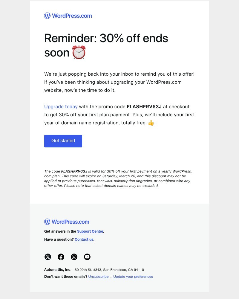 Screenshot of email sent to a WordPress Registered user