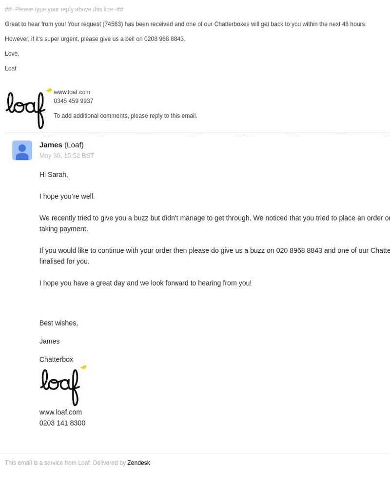 Screenshot of email sent to a Loaf Cart abandoner