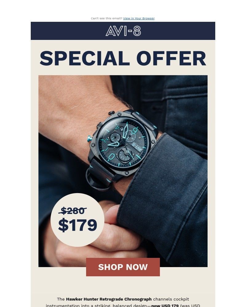 Screenshot of email sent to a AVI-8 Newsletter subscriber