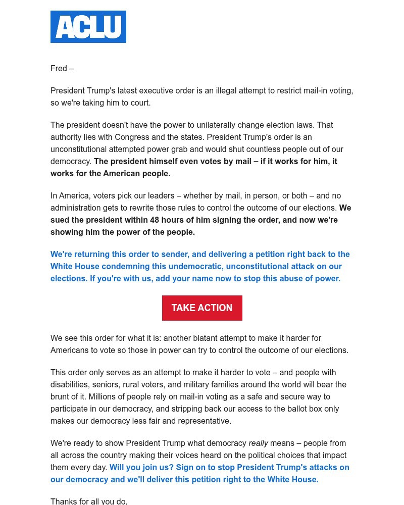 Screenshot of email sent to a American Civil Liberties Union Newsletter subscriber