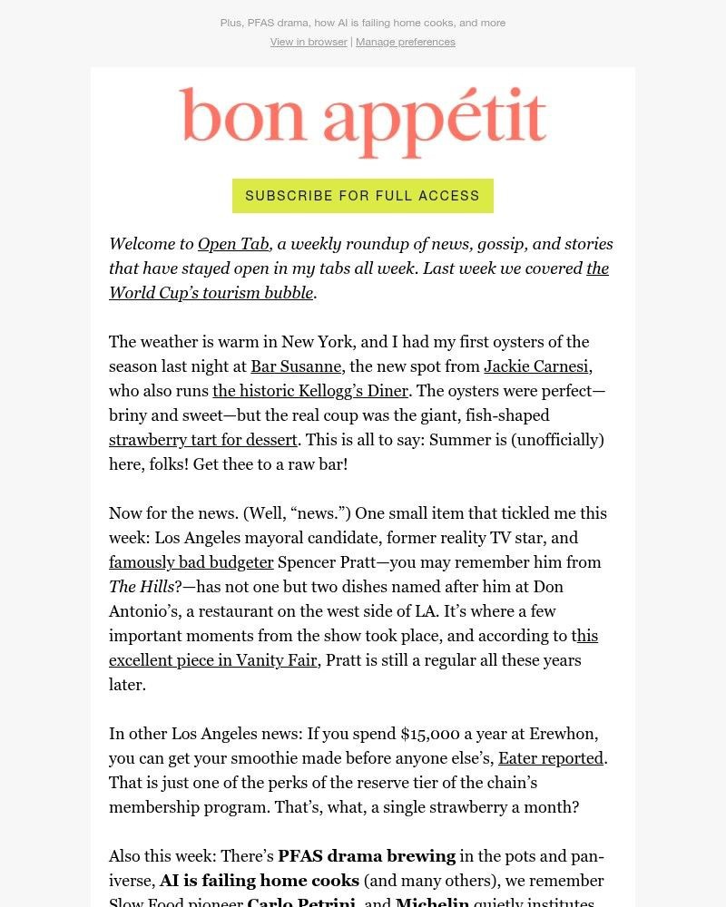 Screenshot of email sent to a Bon Appétit Newsletter subscriber