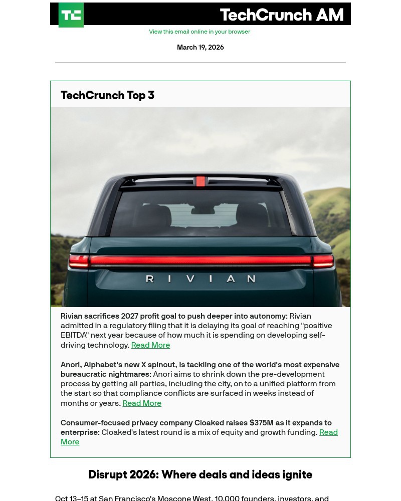 Screenshot of email sent to a Techcrunch Newsletter subscriber