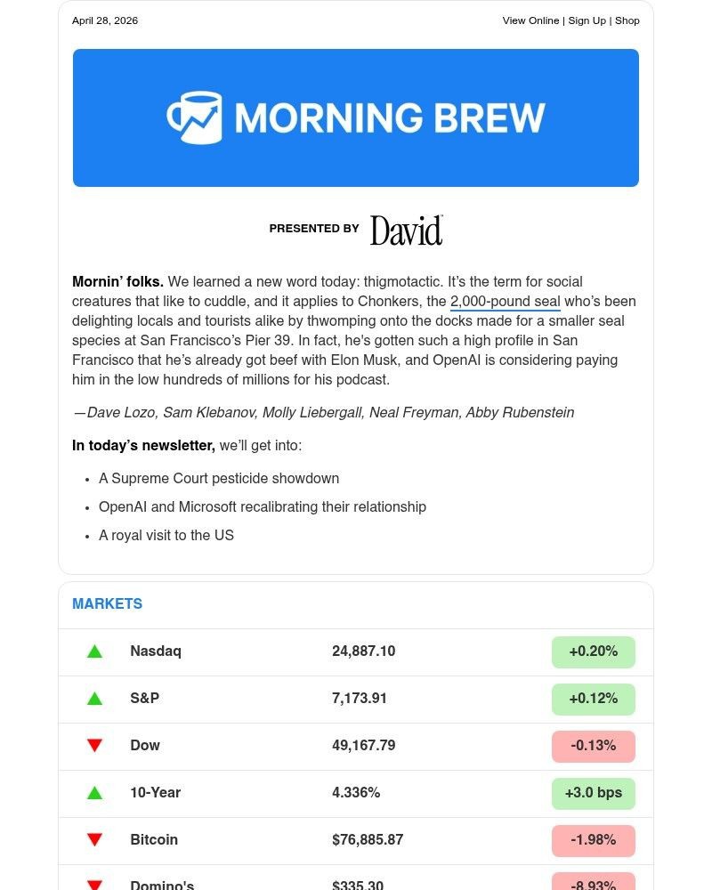 Screenshot of email sent to a Morning Brew Newsletter subscriber