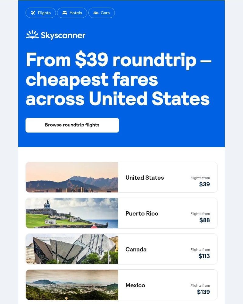 Screenshot of email sent to a Skyscanner Registered user
