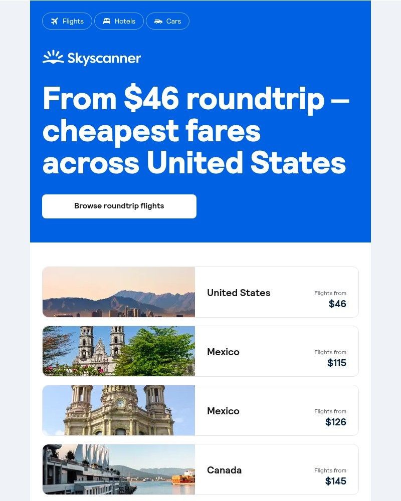 Screenshot of email sent to a Skyscanner Registered user