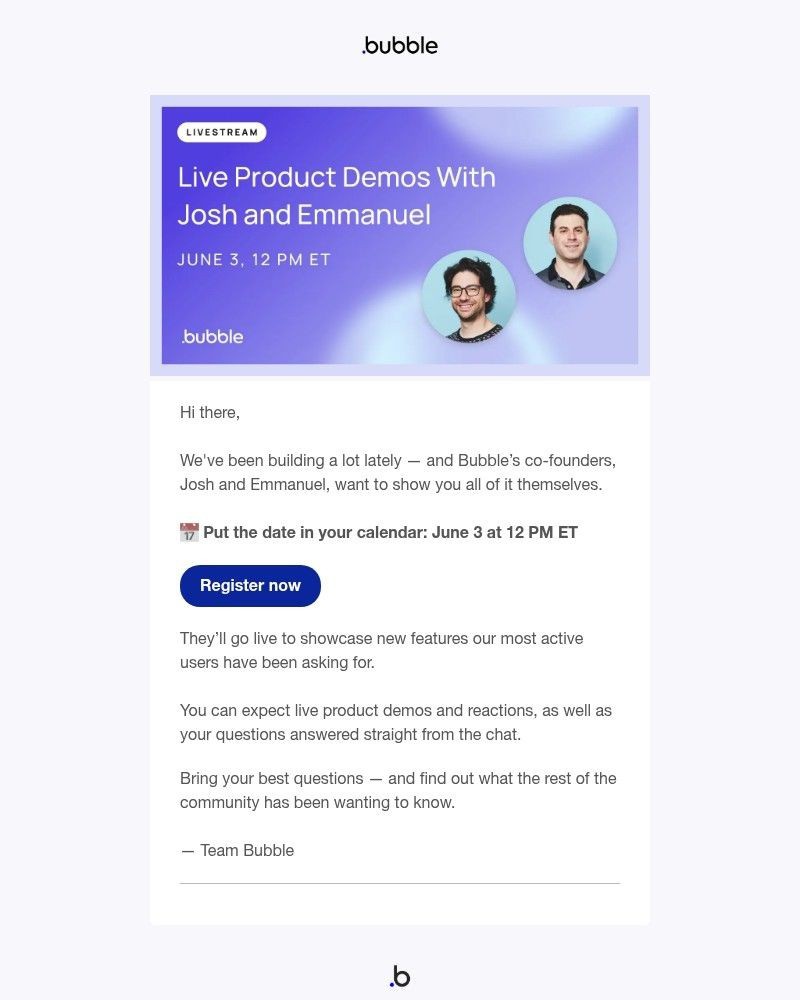 Screenshot of email sent to a Bubble Registered user