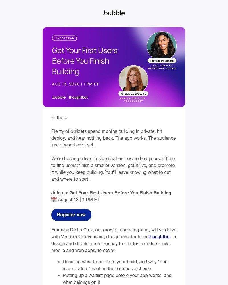 Screenshot of email sent to a Bubble Registered user