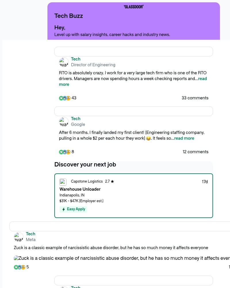 Screenshot of email sent to a Glassdoor Registered user