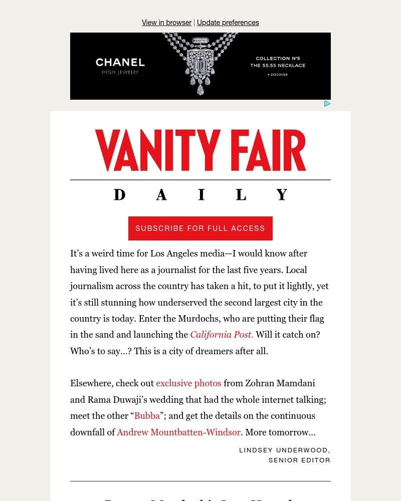 Screenshot of email sent to a Vanity Fair Newsletter subscriber