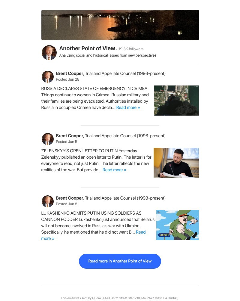 Screenshot of email sent to a Quora Registered user