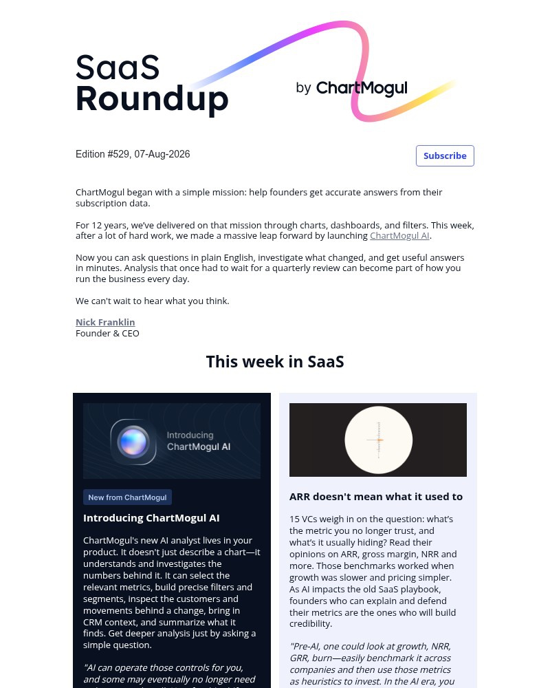 Screenshot of email sent to a ChartMogul Registered user