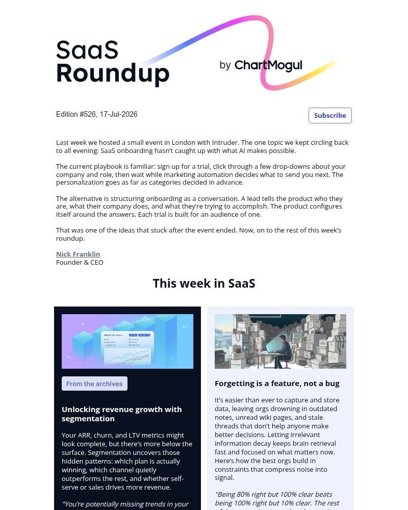 Screenshot of email sent to a ChartMogul Registered user