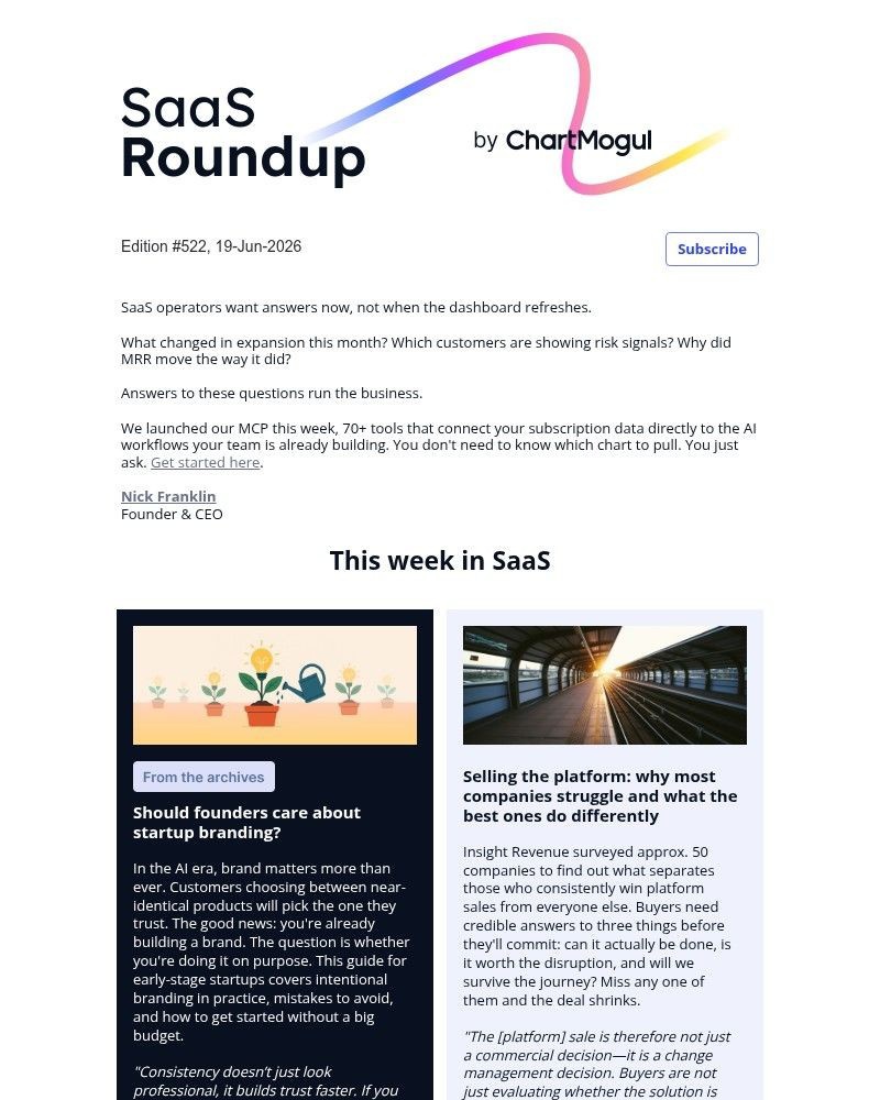 Screenshot of email sent to a ChartMogul Registered user
