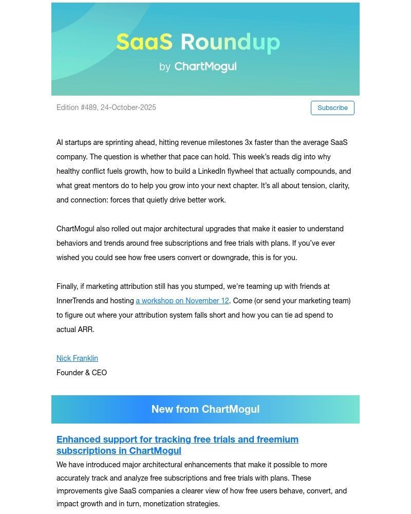Screenshot of email sent to a ChartMogul Registered user