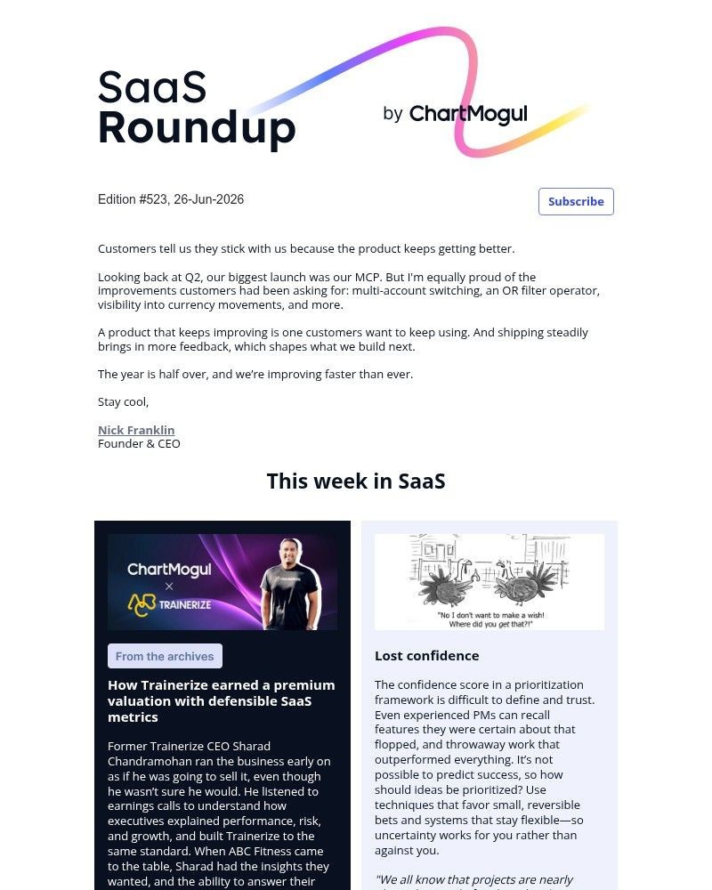 Screenshot of email sent to a ChartMogul Registered user