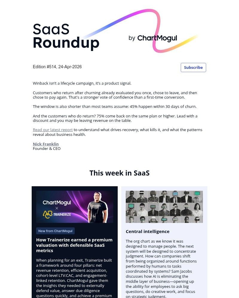 Screenshot of email sent to a ChartMogul Registered user