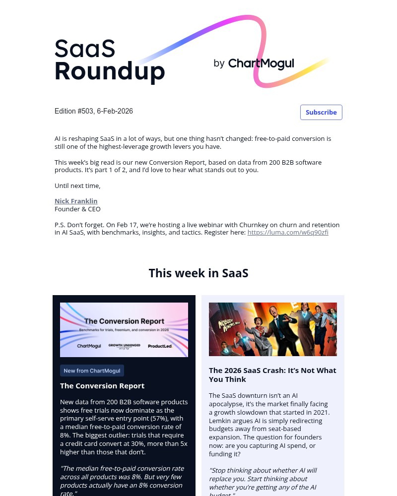 Screenshot of email sent to a ChartMogul Registered user