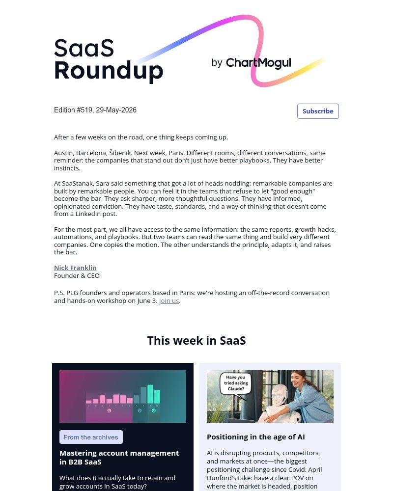 Screenshot of email sent to a ChartMogul Registered user
