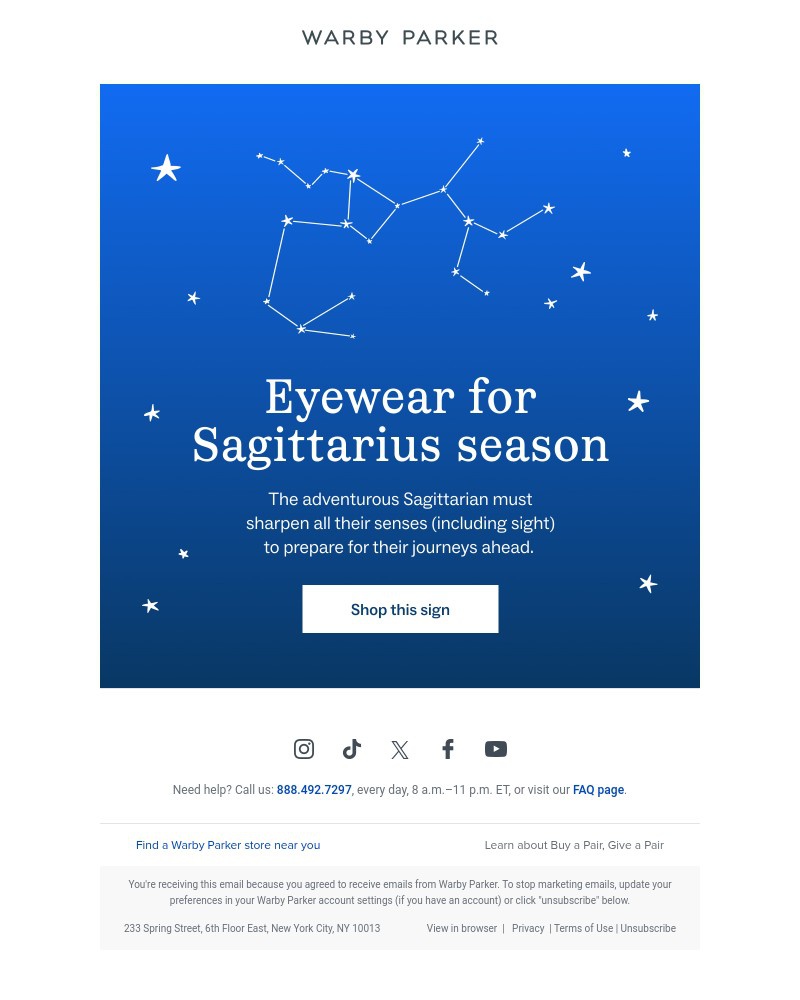 Screenshot of email sent to a Warby Parker Newsletter subscriber