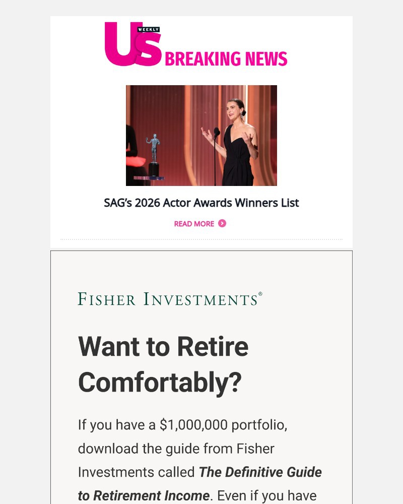 Screenshot of email sent to a Us Weekly Newsletter subscriber