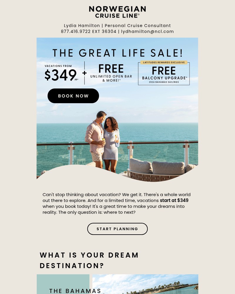 Screenshot of email sent to a Norwegian Cruise Line Newsletter subscriber