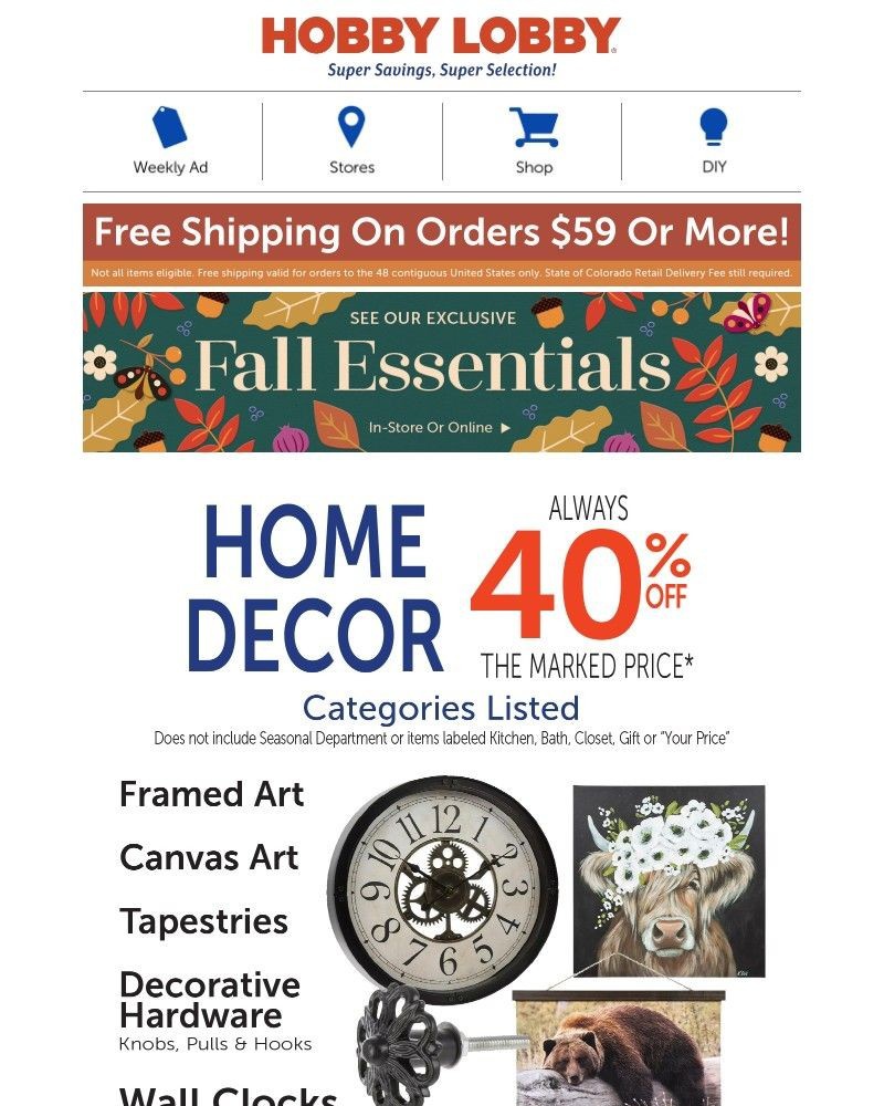 Screenshot of email sent to a Hobby Lobby Newsletter subscriber