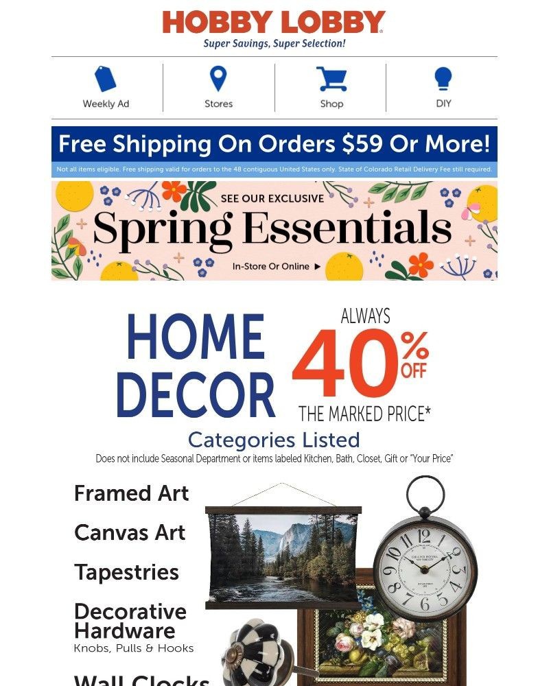Screenshot of email sent to a Hobby Lobby Newsletter subscriber