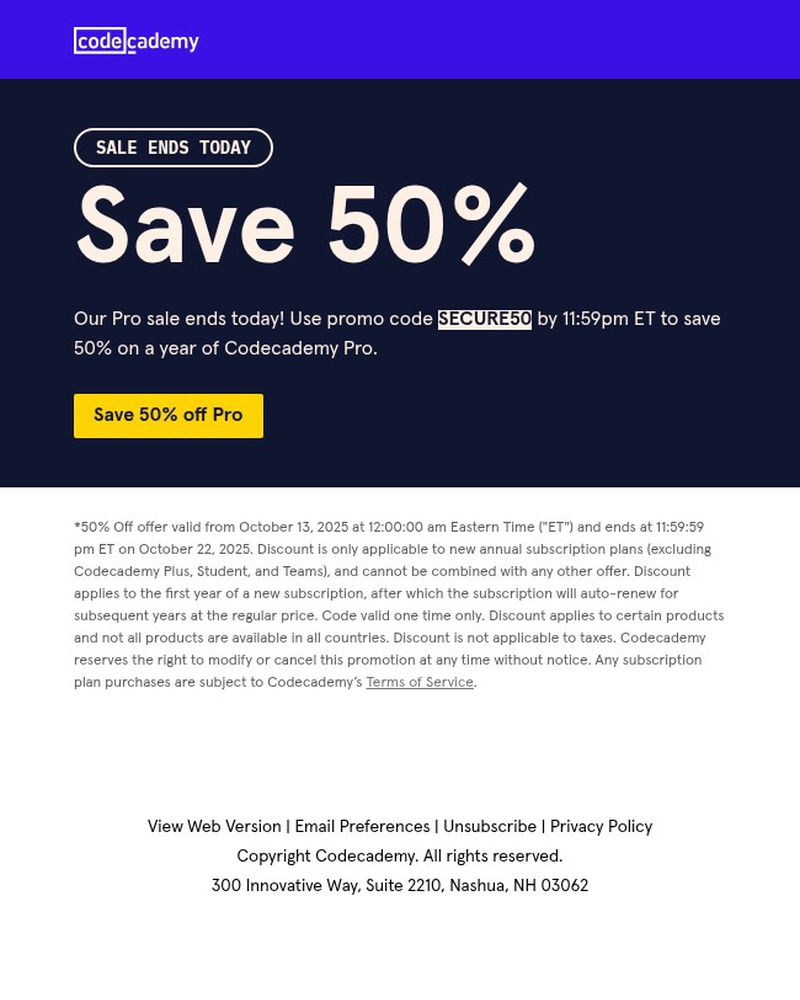 Screenshot of email sent to a Codecademy Registered user