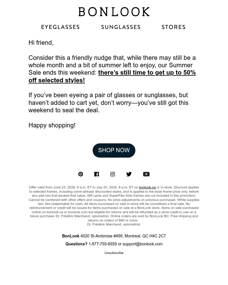 Screenshot of email sent to a Bonlook Newsletter subscriber