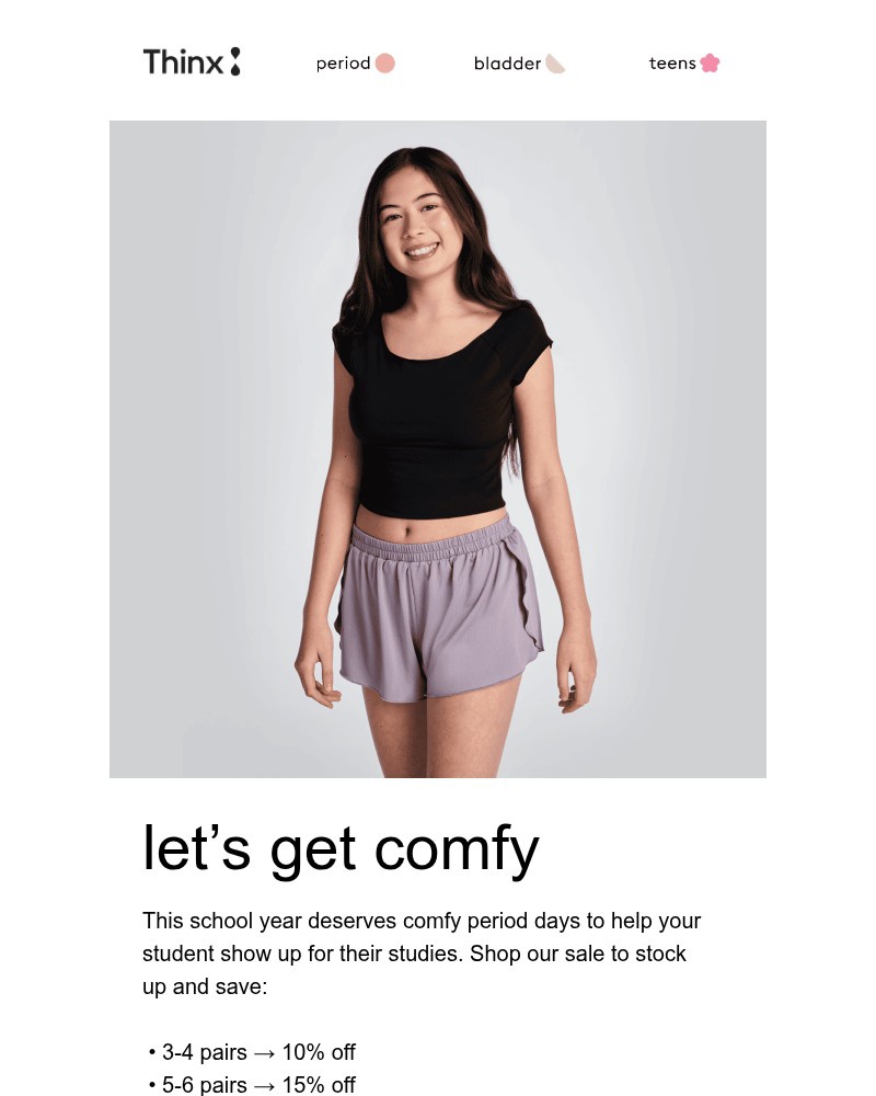 Screenshot of email sent to a Thinx Newsletter subscriber