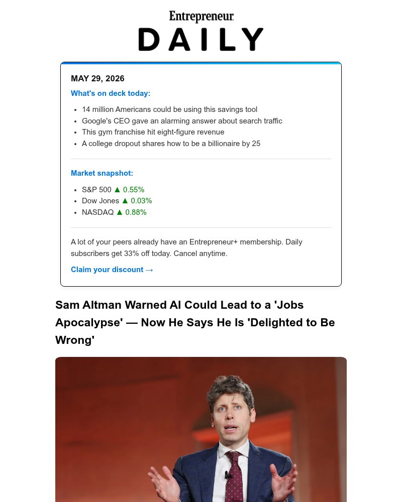 Screenshot of email sent to a Entrepreneur Newsletter subscriber