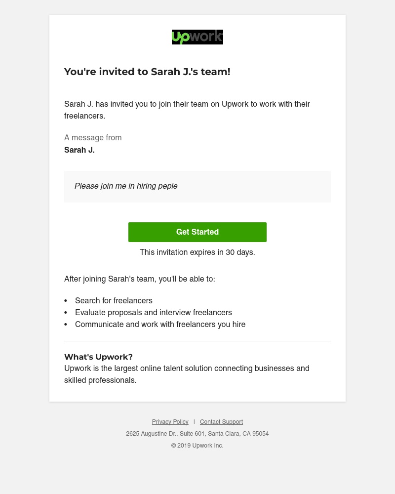 Screenshot of email sent to a Upwork Invited user