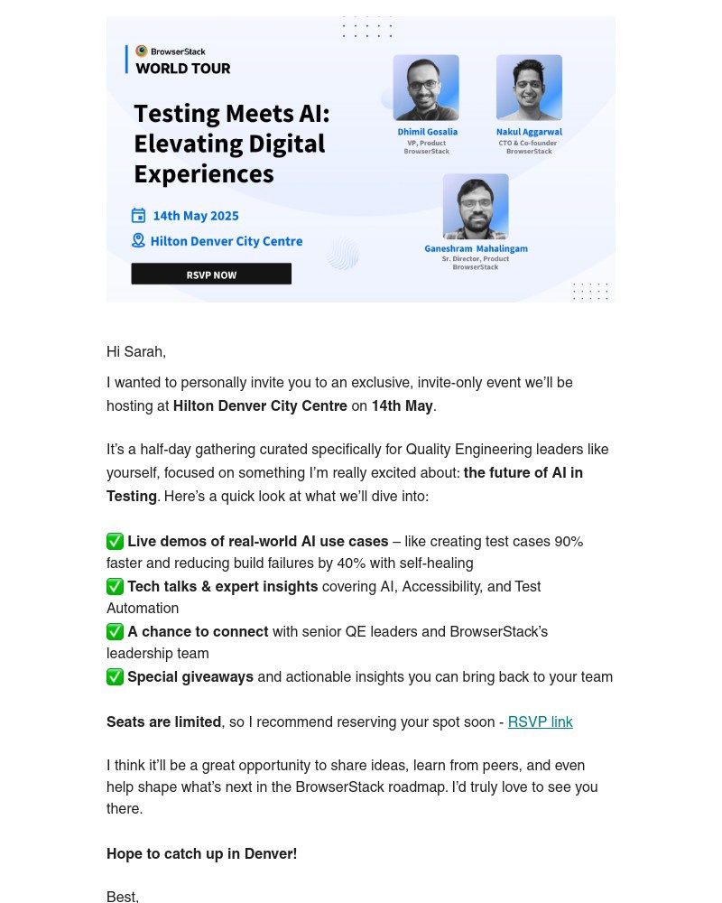 Screenshot of email with subject /media/emails/sarah-join-me-at-browserstacks-denver-event-lets-talk-ai-qe-innovation-cdb5af-cro_pdENej3.jpg