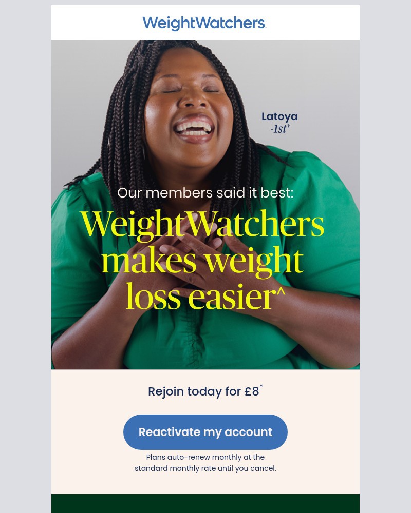 Screenshot of email sent to a WW (Weight Watchers) Registered user
