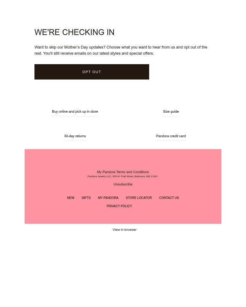 Screenshot of email sent to a Pandora Newsletter subscriber