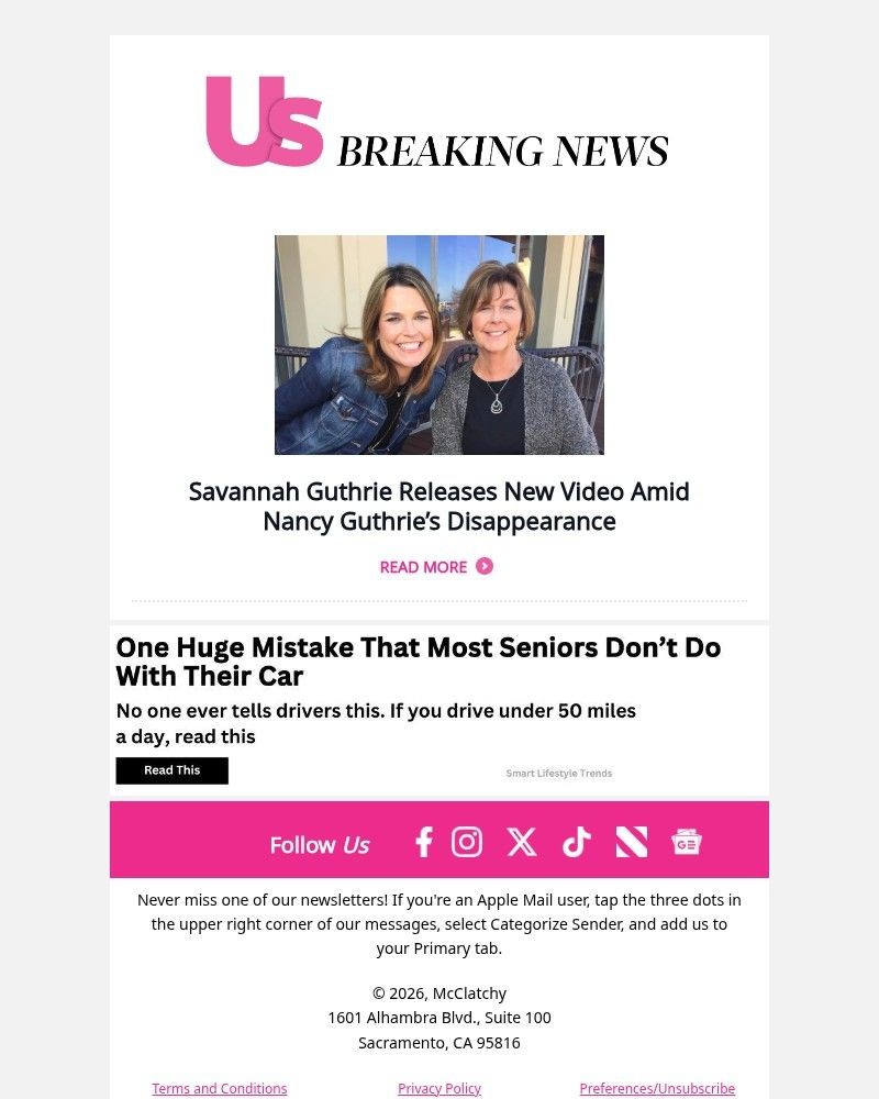 Screenshot of email sent to a Us Weekly Newsletter subscriber